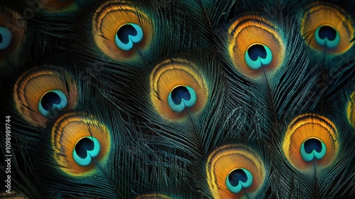 A Close-Up of a Peacock's Tail Feathers Displaying Vibrant Colors and Patterns photo