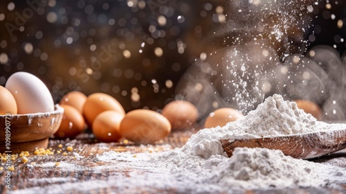 Baking ingredients with flour and eggs on a rustic surface photo