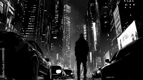Agents pursue fugitive hiding in gritty futuristic city streets at night - high-stakes chase through moody monochromatic urban landscape. Dystopian. Illustration
