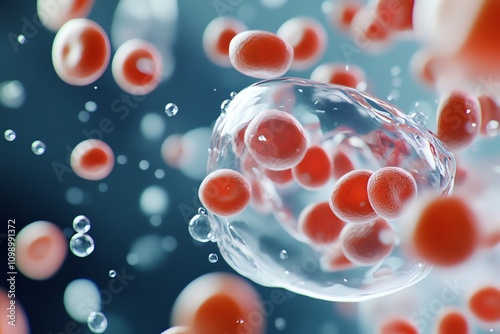 Dynamic visualization of red blood cells in a fluid environment, showcasing microscopic life and biological processes in motion. photo