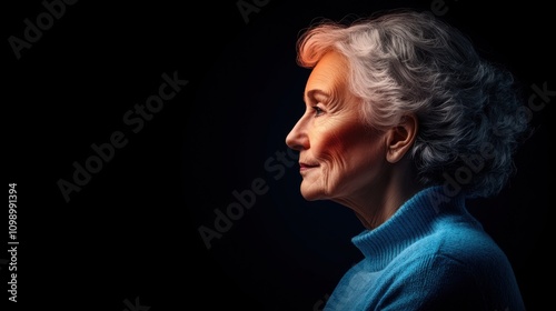 Profile view of a contemplative older woman with short gray hair, highlighted against a dark background, wearing a cozy blue sweater, embodying wisdom and experience in tranquility.