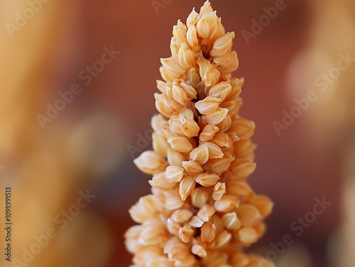 Close-up of a dried, beige flower spike with numerous small seed pods. photo