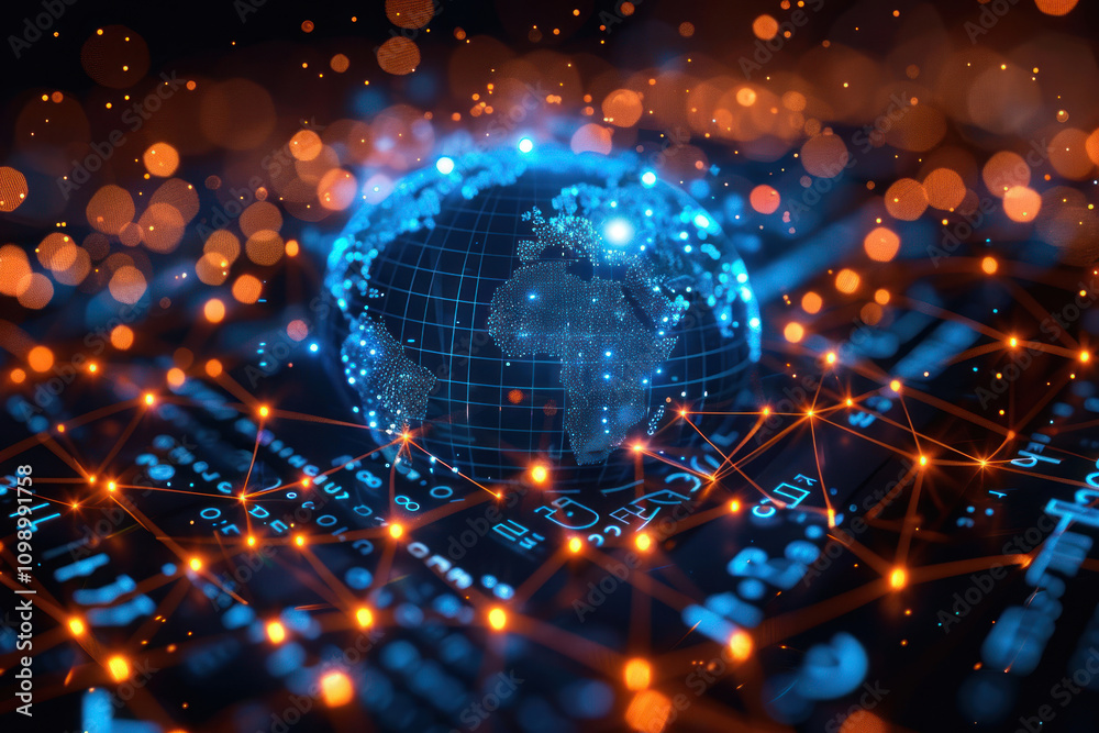 Obraz premium stylized graphics featuring a globe placed on top of a chip or printed circuit board. This composition is often used to represent global technologies, communications and the Internet