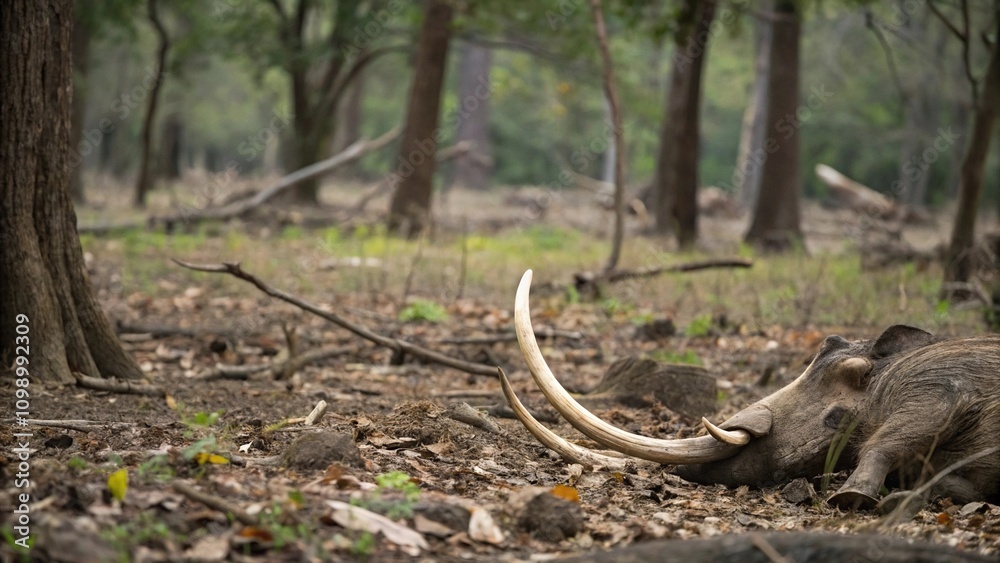 Fototapeta premium Warthog tusk lying on the forest floor, tusks, forest
