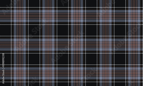 Plaid fabric pattern, black, blue, brown, white, modern seamless cross lines pattern for textiles, and for designing clothes, skirts or decorative fabrics. Vector illustration.