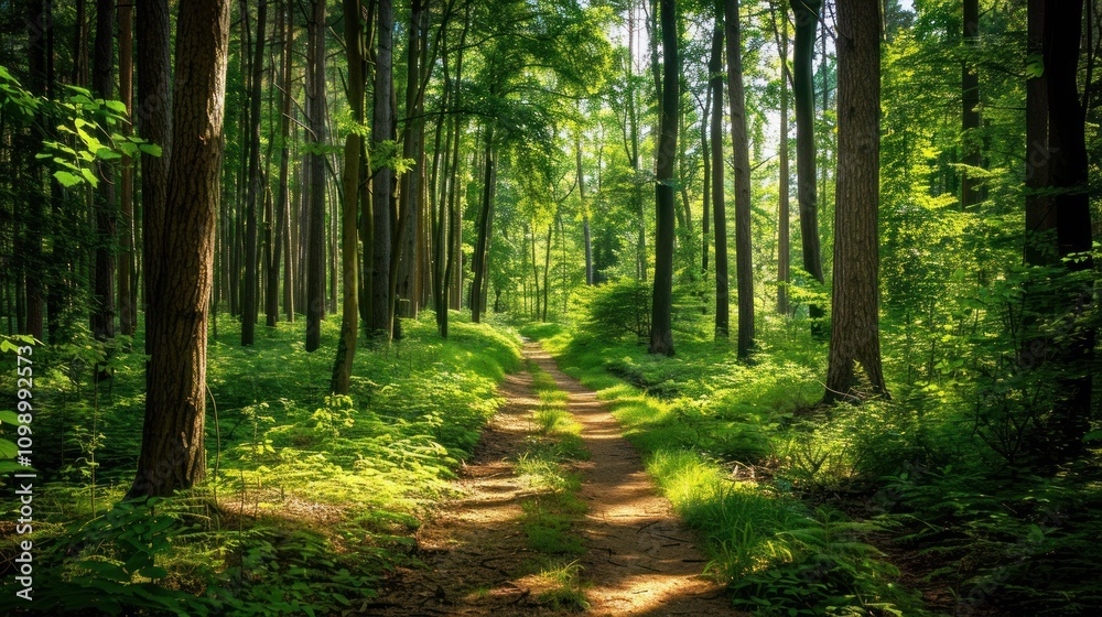 Fototapeta premium Beautiful forest path amidst dense green trees