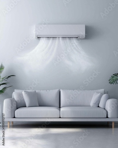 A modern living room featuring a stylish sofa and an air conditioning unit, creating a comfortable and cool atmosphere.