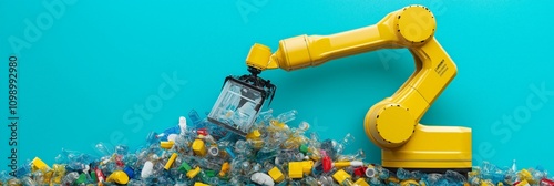 Wallpaper Mural autonomous factory robot concept. A robotic arm sorting through colorful plastic waste on a turquoise background. Torontodigital.ca