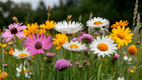 Vibrant wildflowers blooming in nature's oasis scenic landscape colorful display outdoor daylight serenity