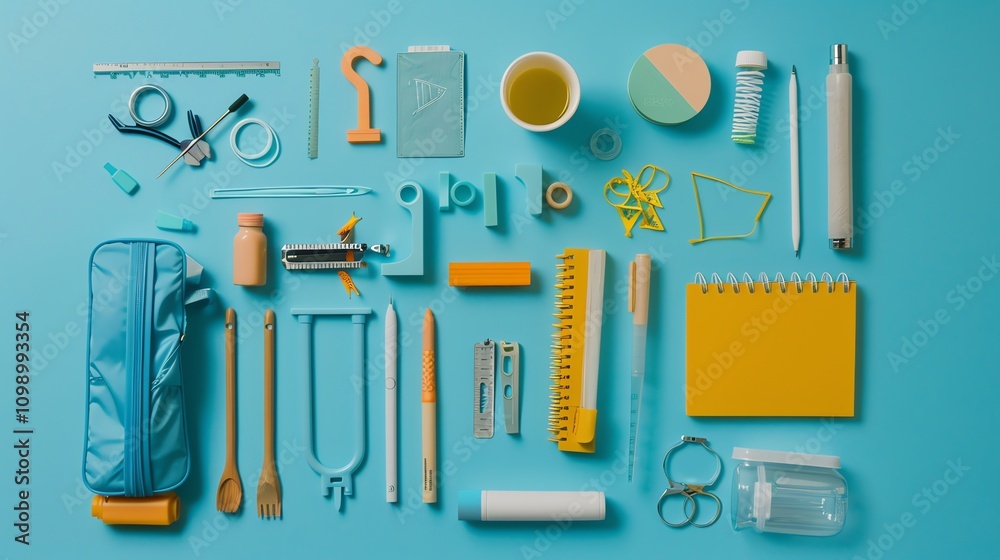 Obraz premium A flat lay of various stationery and office supplies on a blue background.