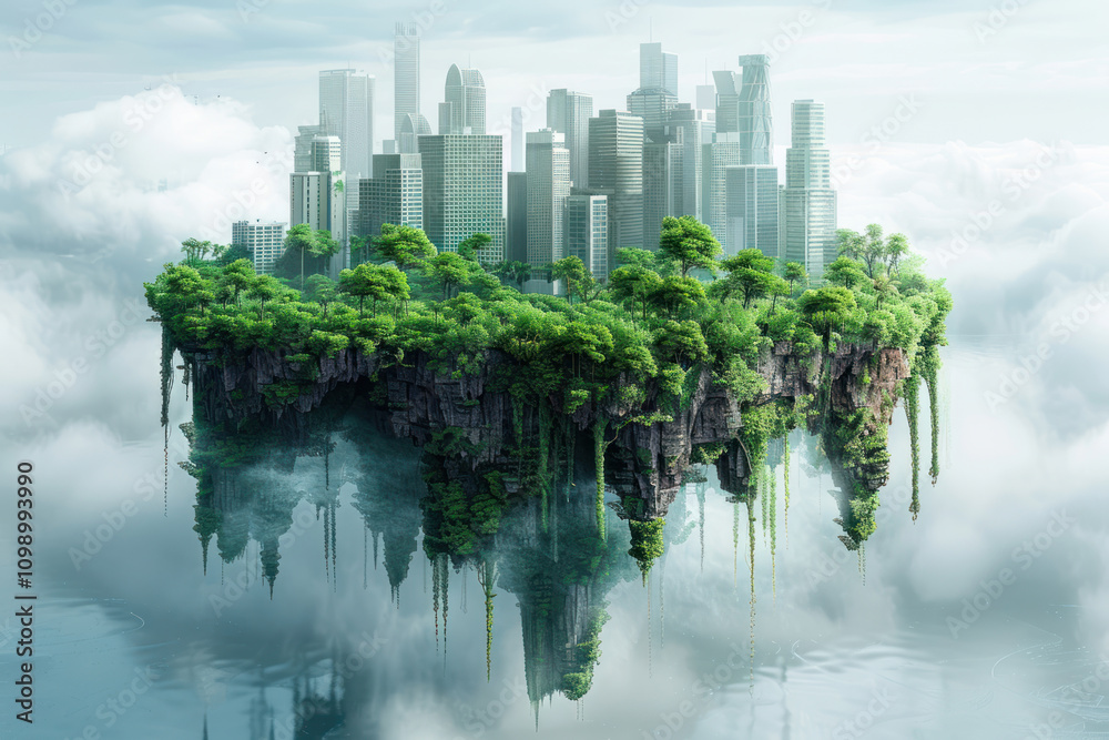 Fototapeta premium a futuristic landscape where a flying island with green trees and dense vegetation rises above the clouds, with the reflection of city skyscrapers.