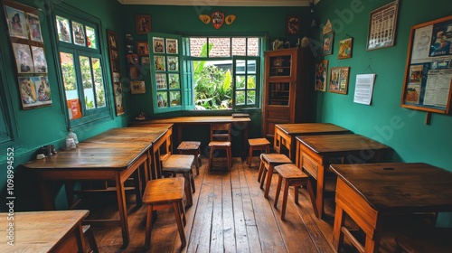Wallpaper Mural A cozy, green room with wooden tables and chairs, designed for gatherings or learning. Torontodigital.ca