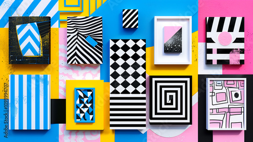 A colorful collage of abstract art pieces with a mix of stripes, squares