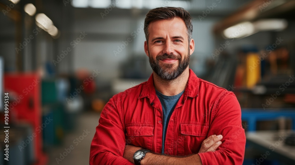 Obraz premium Confident young man with a beard smiling in industrial warehouse setting, showcasing dedication and professionalism in work environment