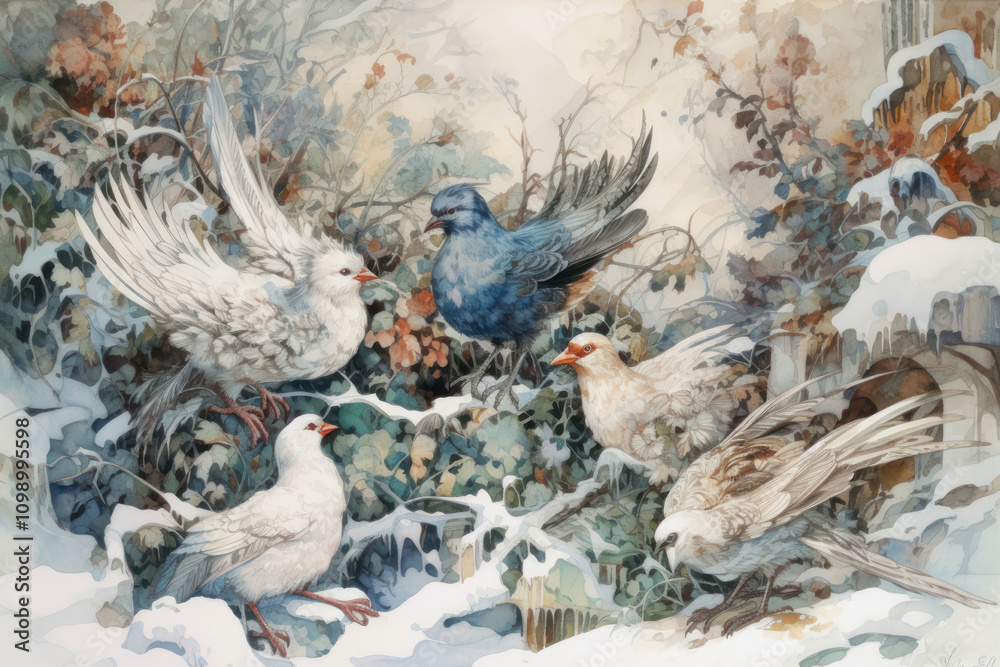 Fototapeta premium winter scene with several birds sitting among snow-covered branches and bushes. 