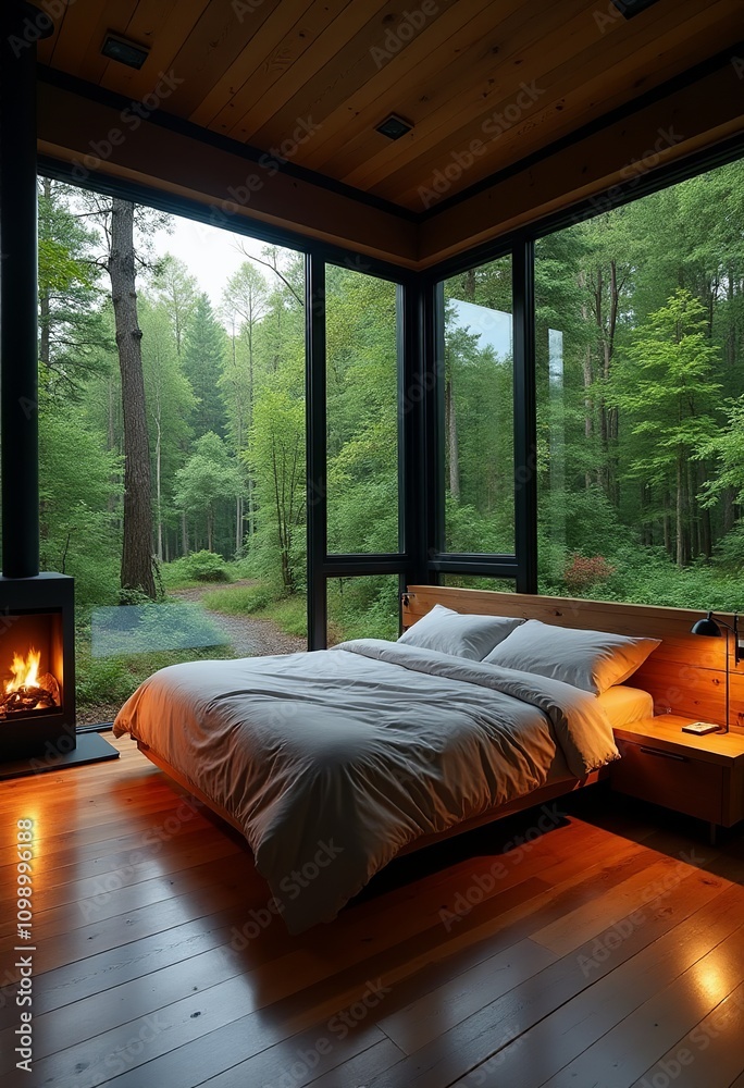 Fototapeta premium Serene Modern Bedroom with Floor-to-Ceiling Windows Overlooking a Lush Forest and Cozy Fireplace 