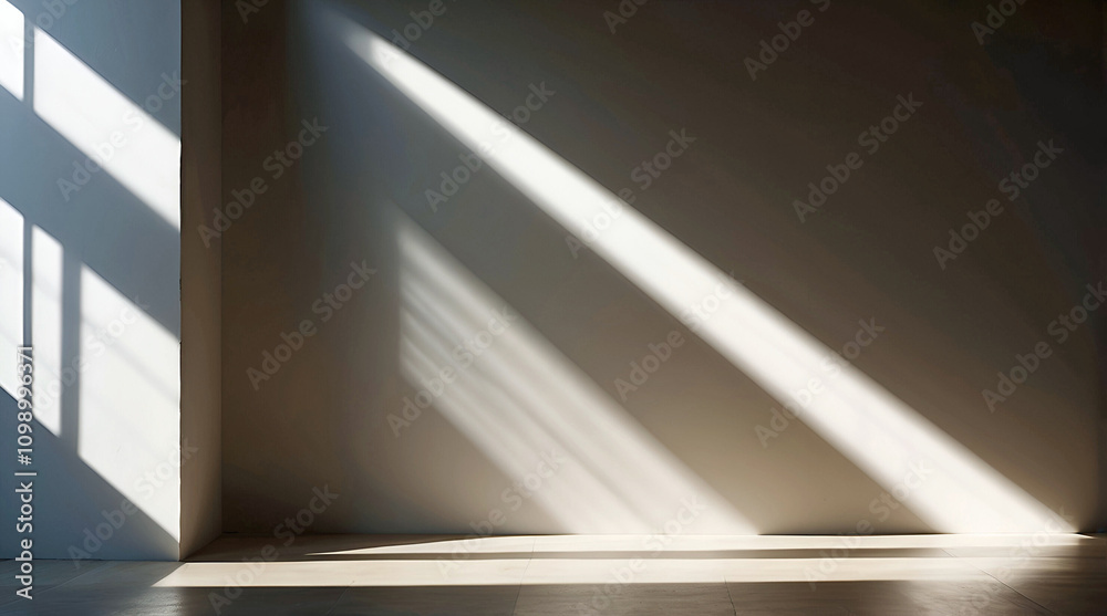 Fototapeta premium Clean Minimalist Interior With Sunlight Beaming Through Window Creating Sharp Geometric Shadows On Neutral Walls And Polished Floor
