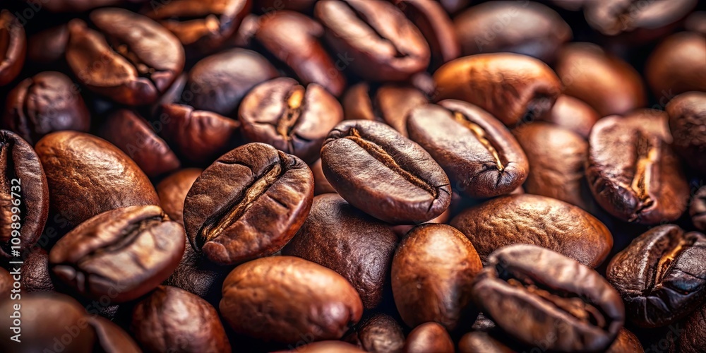 Obraz premium Close-up view of roasted coffee beans, rich brown tones and textures, showcasing the detail of each bean