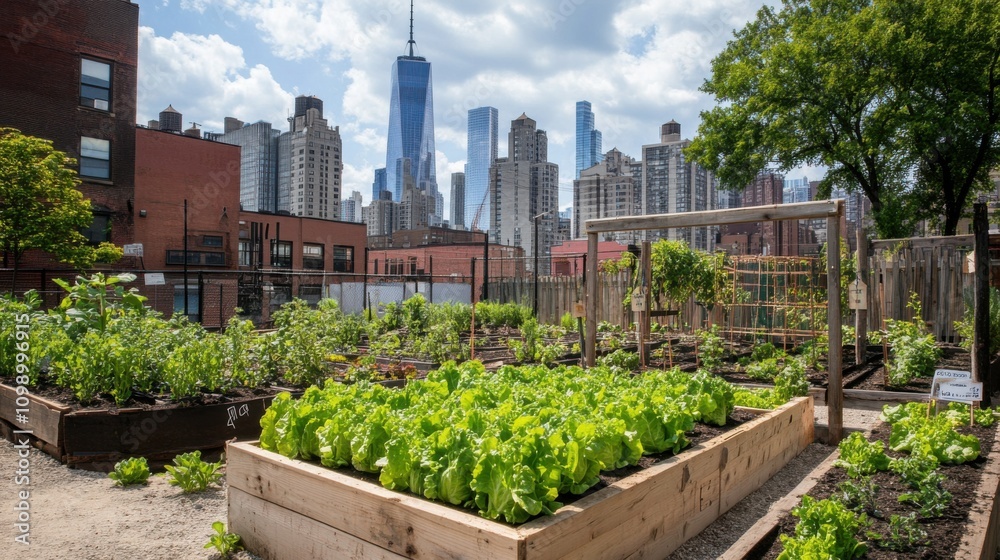 Fototapeta premium Urban Community Garden with Fresh Vegetables and City Skyline