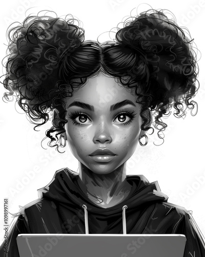 A young black woman with curly hair is wearing a hoodie and holding a laptop