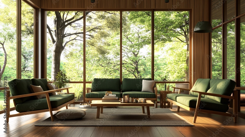 Fototapeta premium 4.A 3D minimalist living room design showcasing green sofas and natural wooden chairs around a low coffee table. Large windows dominate one wall, allowing for stunning outdoor views, while the wooden