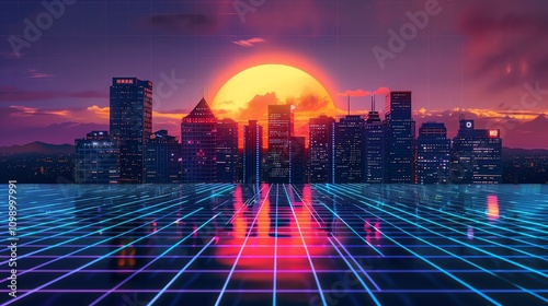 A retro-futuristic cityscape with a giant sun and neon grid.