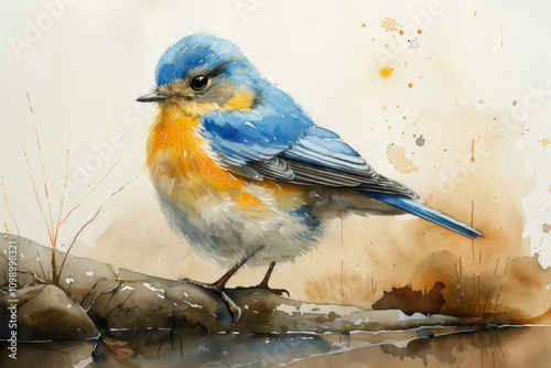 watercolor illustration of a bird with bright plumage. The bird has a blue head and back, a bright yellow chest and a light belly.   photo