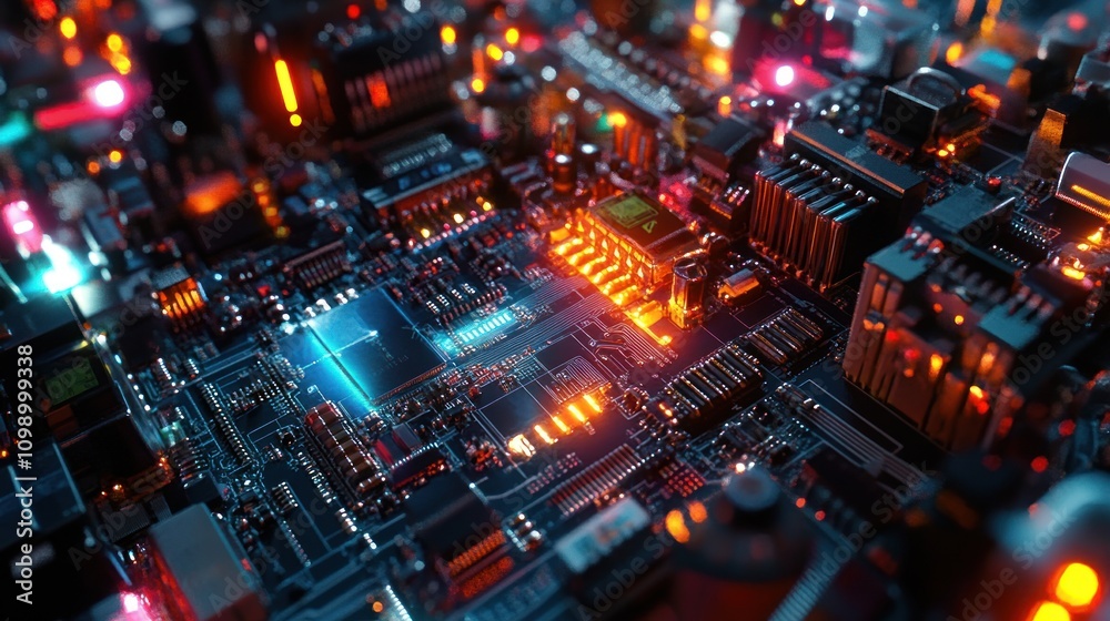 Obraz premium A close-up view of a vibrant, illuminated circuit board showcasing technology and innovation.
