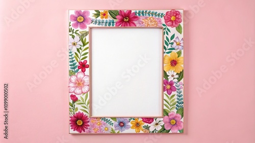 Colorful floral square frame against pink background with a vertical format style, delicate petals, floral art, vertical format
