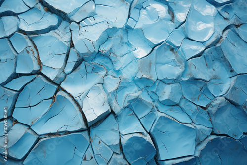 surface with bright blue cracks. The shape of the cracks resembles broken glass or a frozen ice surface.   photo