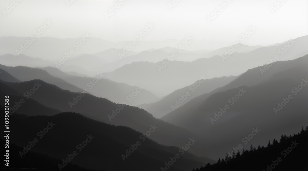 Naklejka premium Majestic Mountain Range Silhouette in Dramatic Black and White Photography