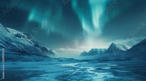 Wallpaper Mural The Northern Lights shine brightly in the sky over a frozen lake and mountains. Torontodigital.ca