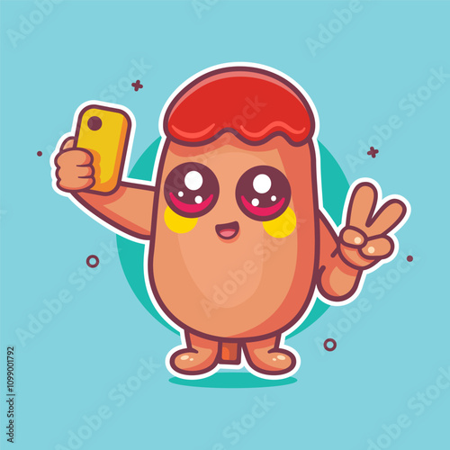 smiling corn dog food character mascot taking a selfie with a smartphone isolated cartoon 