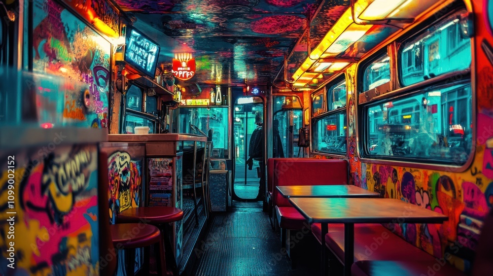 Obraz premium A vibrant interior of a themed bus-restaurant with colorful decor and seating.