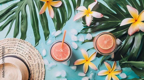 Two glasses of pink lemonade with a straw and a slice of grapefruit, surrounded by tropical leaves, flowers and ice cubes on a blue background. photo