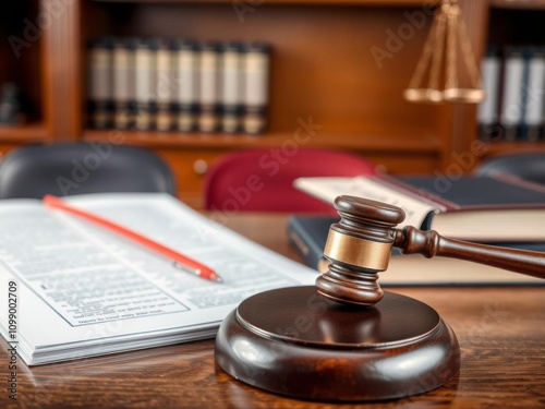 Male judge holding gavel on sounding block in modern office courtroom surrounded by law books and documents, office, case photo