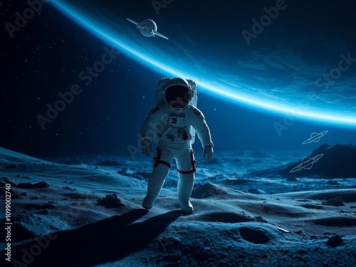 Man astronaut in a futuristic spacesuit exploring the rocky surface of an unknown planet in deep space, exploration, galaxy