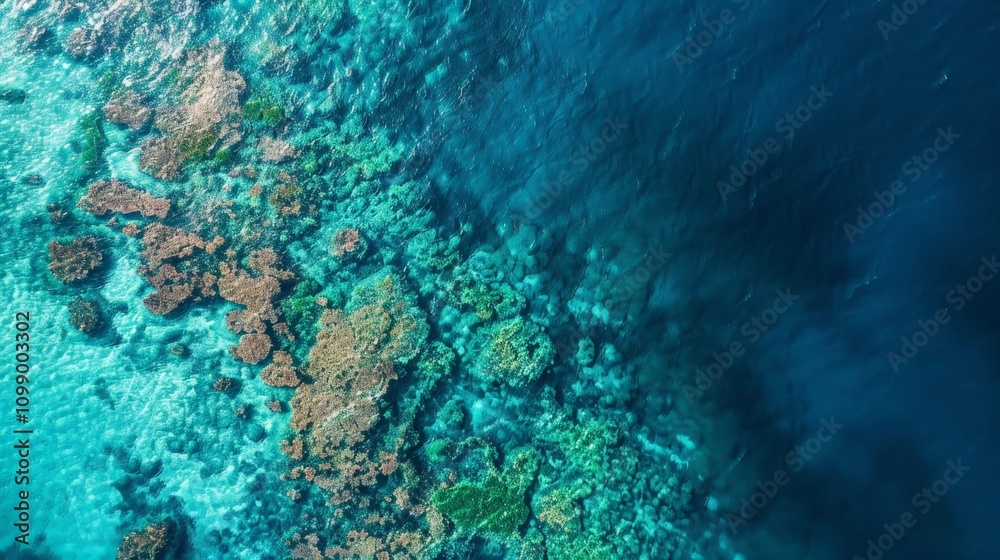 Fototapeta premium Crystal-clear blue ocean with coral reefs and marine life visible from above, emphasizing the richness of Earth's underwater ecosystems