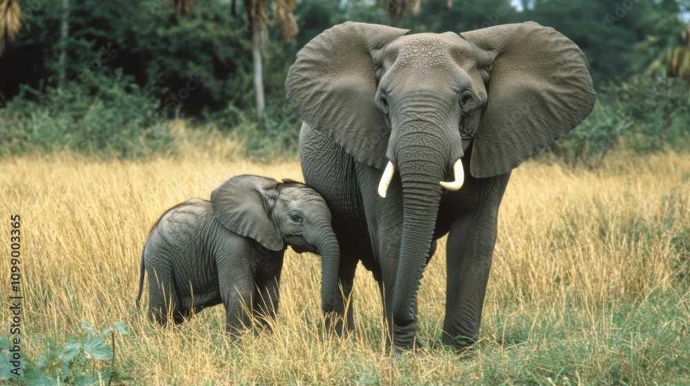 Fototapeta premium Majestic Elephants in Natural Habitat with Young Calf Nearby