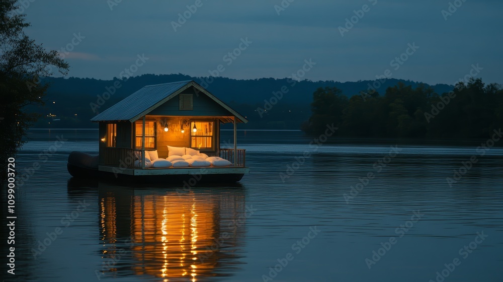 Obraz premium Serene floating pillow house at dusk tranquil lake cozy retreat calm waters aesthetic escape for relaxation