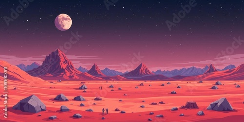 Mars surface desert landscape with red ground, sand stones, mountains, stars, moon in sky, vector cartoon space illustration, space illustration, landscape photo