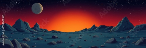 Mars surface with alien planet landscape, red desert rocks, crater, stars shine on dark night sky, martian extraterrestrial computer game backdrop, stars, night sky