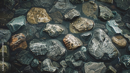 A close-up of a riverbed with smooth stones. photo