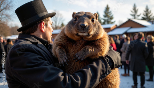 Groundhog handler holding groundhog during celebration