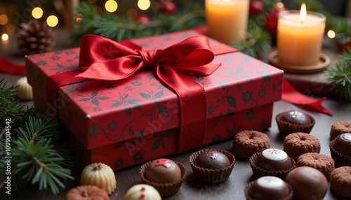 Festive chocolate gift box with red ribbon and holiday decor