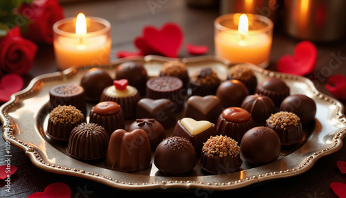 Assorted chocolates on elegant silver plate with candles