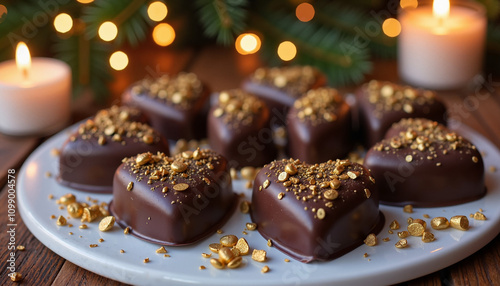 Heart-shaped chocolates with gold sprinkles on festive plate