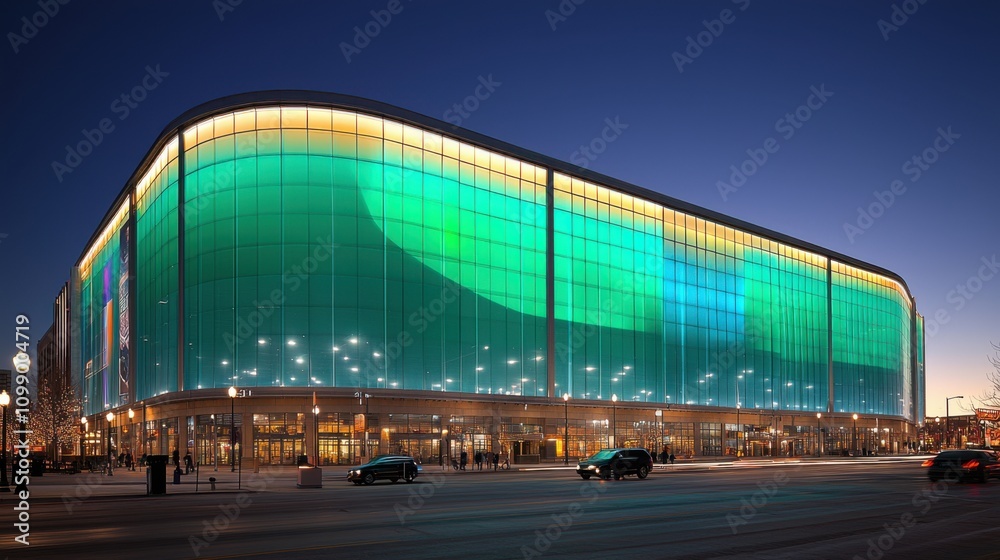 Fototapeta premium Illuminated Modern Building Facade at Night Cityscape