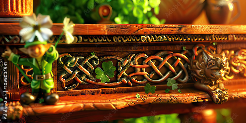 Fototapeta premium Mystical Celtic Desk: A whimsical desk decorated with Celtic knots, four-leaf clovers, and a statuette of a leprechaun, evoking the enchanting spirit of Ireland