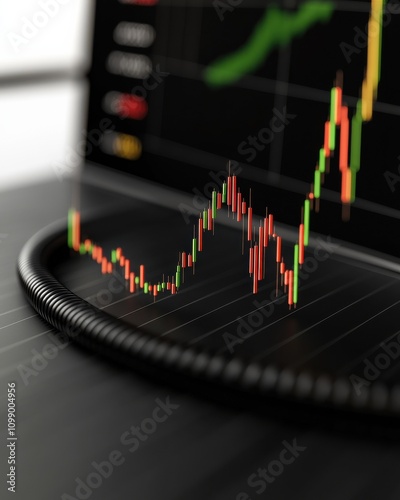 A close-up view of a digital stock market graph displaying an upward trend with vibrant green and red lines on a black background.